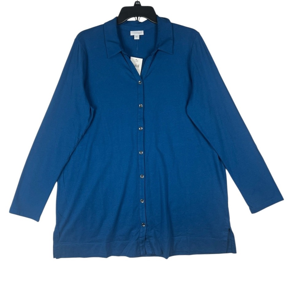 J. Jill Prussian‎ Blue Cotton Spandex Button Down Tunic Shirt Large 59718079 NWT